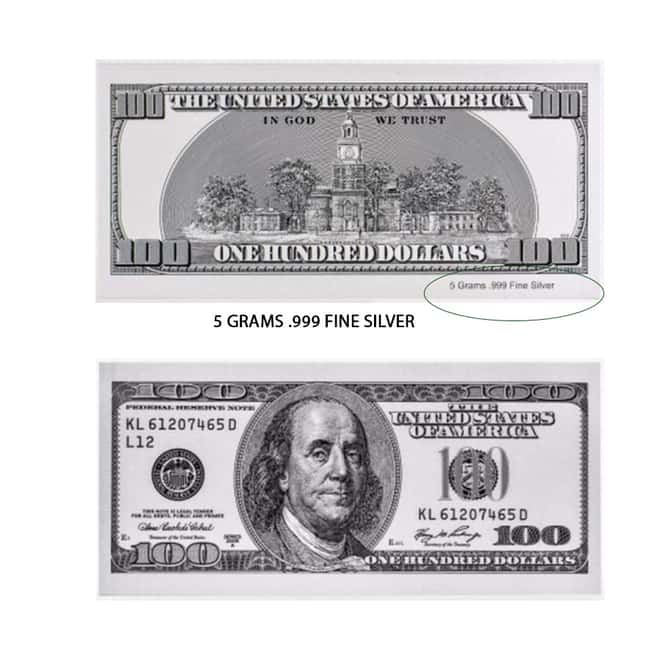 5 gram USA $100 Bill .999 Silver Banknote (Old)