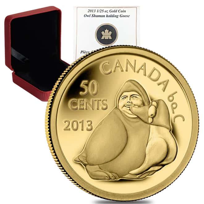 2013 1/25 oz Gold Canadian Owl Shaman Holding Goose 50 Cents Proof Coin .9999 Fine (w/Box & COA)