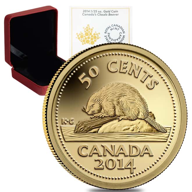 2014 1/25 oz Gold Canadian Classic Beaver 50 Cents Proof Coin .9999 Fine (w/Box & COA)