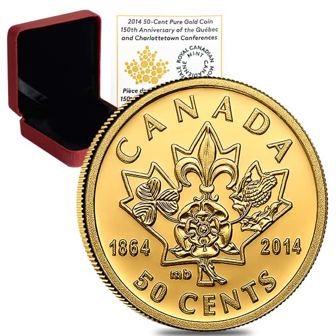2014 1/25 oz Gold Canadian 150th Anniversary of Quebec 50 Cents Proof Coin .9999 Fine (w/Box & COA)