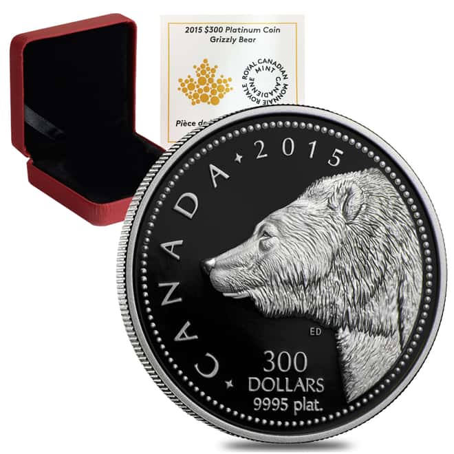 2015 1 oz Platinum Canadian Grizzly Bear $300 Proof Coin (w/Box & COA)