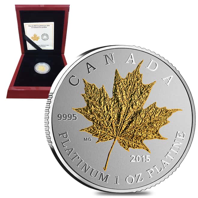 2015 1 oz Platinum Canadian Maple Leaf Forever $300 Proof (Gold Plated) Coin (w/Box & COA) 