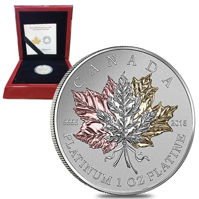 2016 1 oz Platinum Canadian Maple Leaf Forever $300 Proof (Gold Plated) Coin (w/Box & COA) 