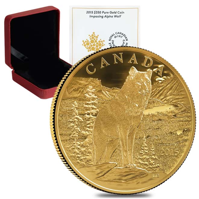 2015 1.125 oz $350 Canadian Imposing Alpha Wolf Proof Gold Coin .99999 Fine (w/Box & COA)