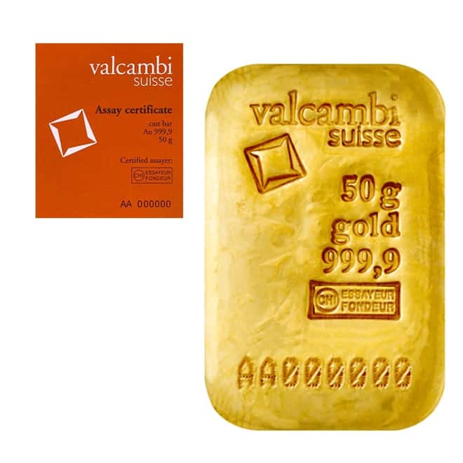 50 gram Gold Bar Valcambi Suisse .9999 Fine (Cast, w/Assay)
