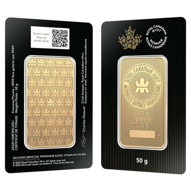 50 Gram Royal Canadian Mint RCM Wafer Gold Bar .9999 Fine (in Assay)