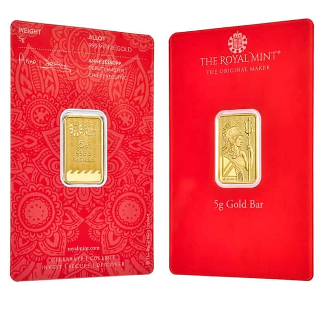5 gram Britannia Gold Bar Henna Design .9999 Fine (In Assay)