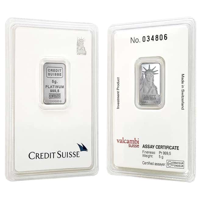 5 gram Credit Suisse Statue of Liberty Platinum Bar .9995 Fine (In Assay)