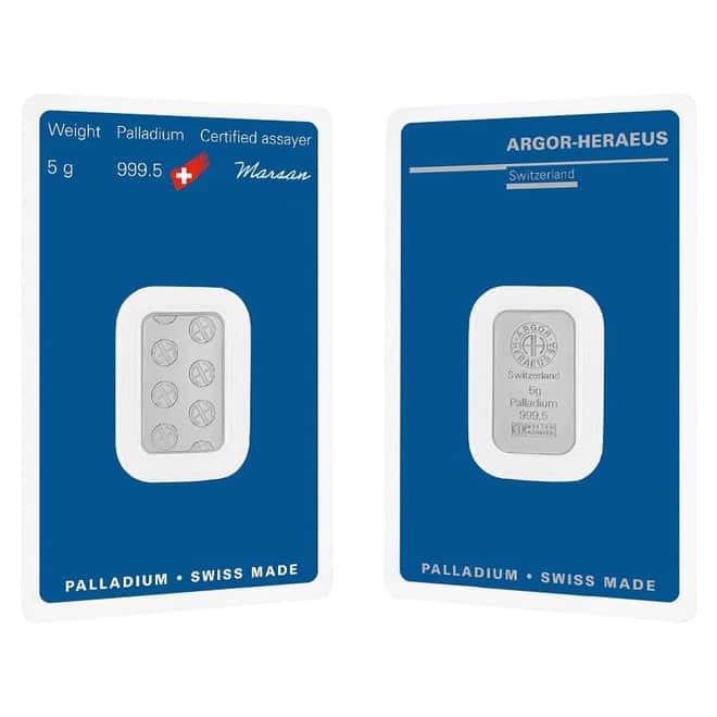5 Gram Palladium Bar - Argor-Heraeus .9995 Fine (in Assay)