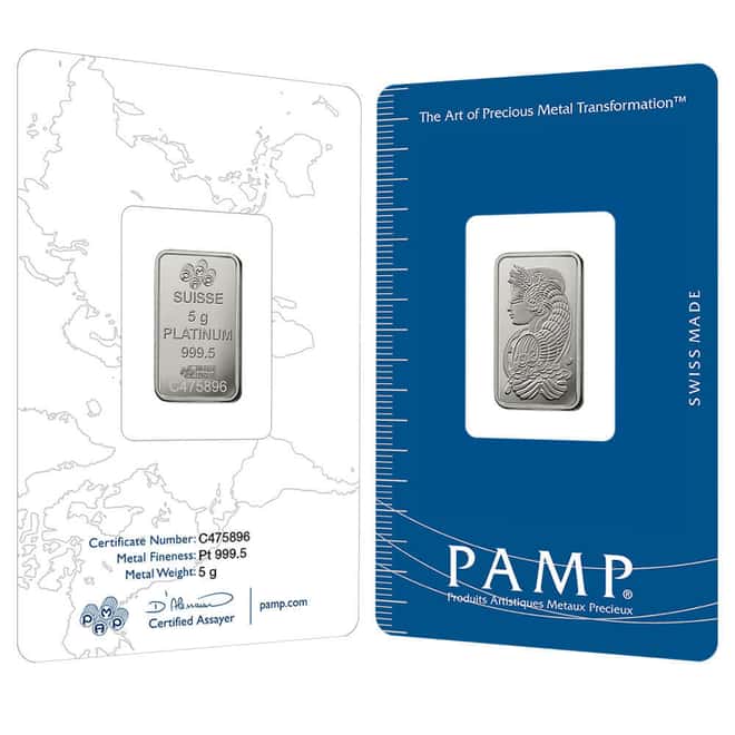 5 Gram PAMP Suisse Lady Fortuna Platinum Bar .9995 Fine (in Assay)