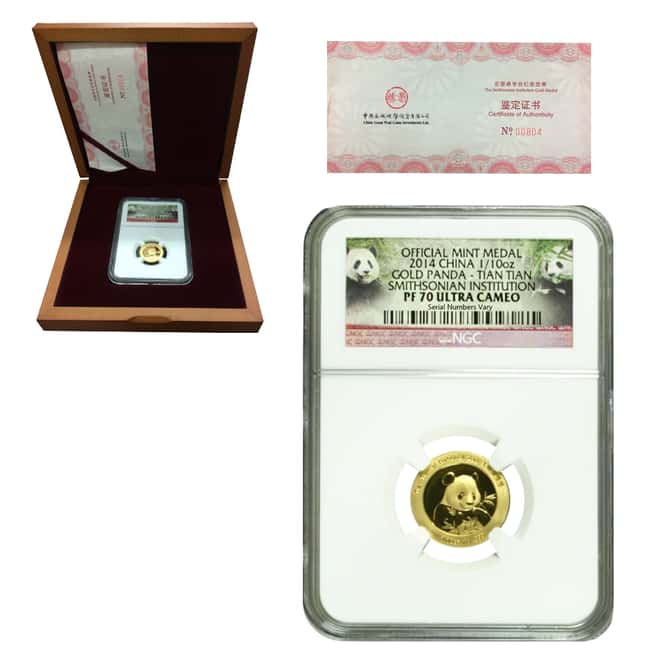 2014 1/10 oz China Smithsonian Proof Gold Panda Tian Tian Medal NGC PF 70 UCAM (w/Box & COA)