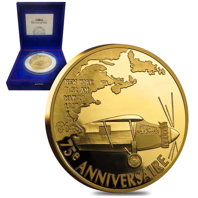 2002 France 5 oz 100 Euro Charles Lindbergh 75th Anniv Proof Gold Coin (w/Box & COA)