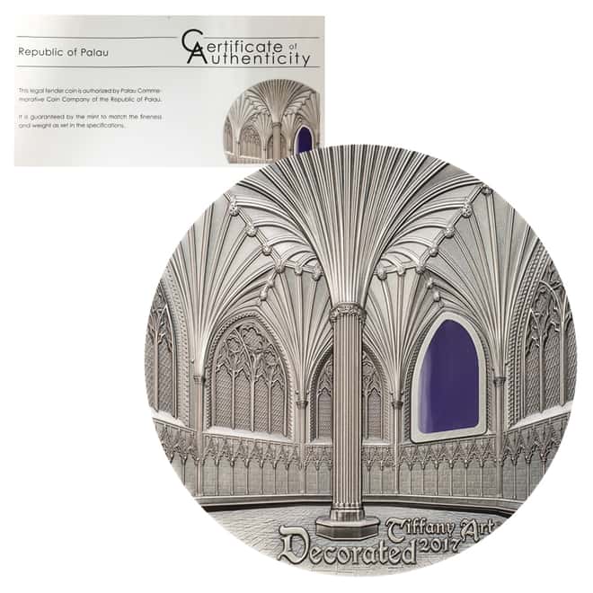 2017 2 oz Palau Tiffany Art Wells Cathedral Antiqued Silver Coin $10 .999 Fine (w/Box&COA)