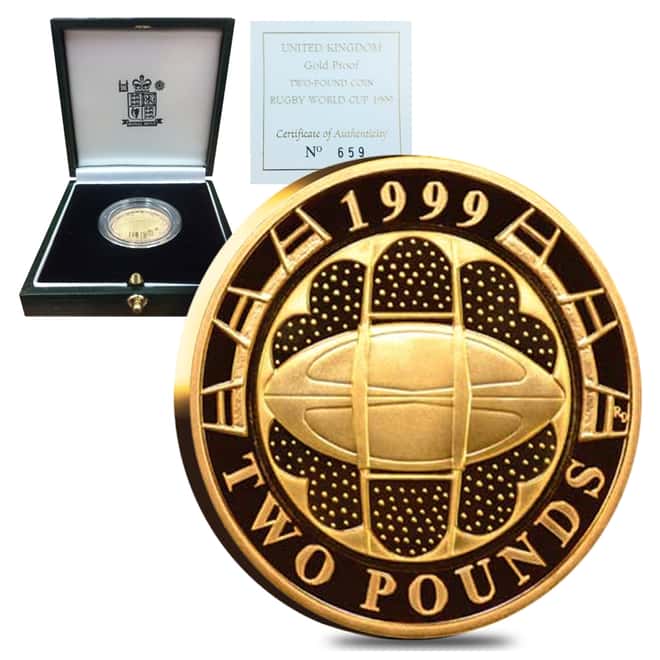 1999 Great Britain 2 Pound Rugby World Cup Proof Gold Coin AGW .4707 oz (w/Box & COA)