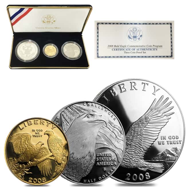 2008 W/P/S Bald Eagle Commemorative Proof 3-Coin Set (w/Box & COA)