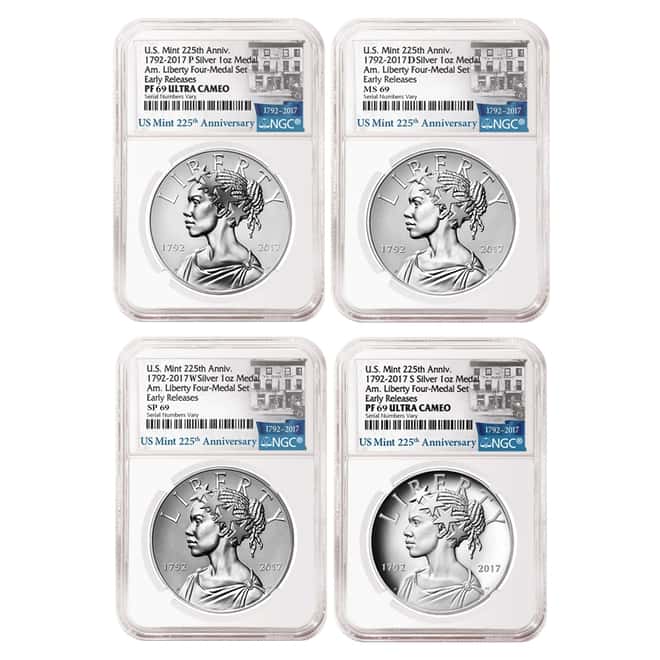 2017 American Liberty 225th Anniversary Silver 4-Medal Set NGC MS/SP/PF 69 ER