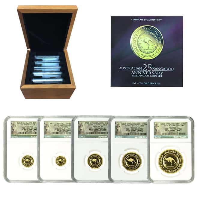 2014 1.9 oz Proof Gold Australian Kangaroo 25th Anniversary 5-Coin Set NGC PF 70 UCAM First Releases (w/Box & COA)