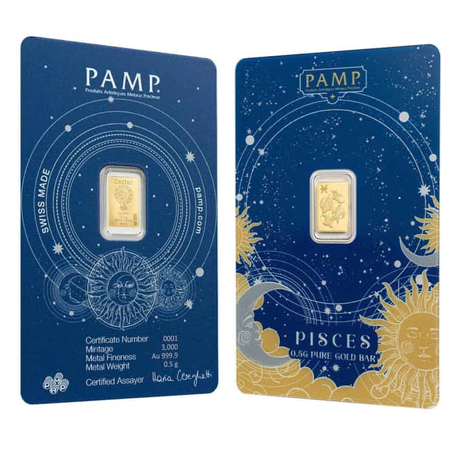 1/2 Gram PAMP Suisse Pisces Zodiac Gold Bar (in Assay)