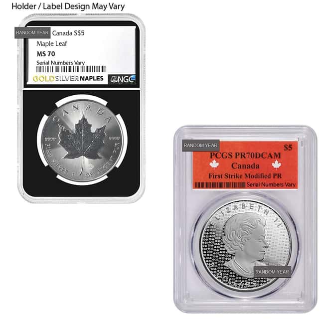 1 oz Canadian Silver Maple Leaf Coin NGC/PCGS MS/PF 70 (Random Year)