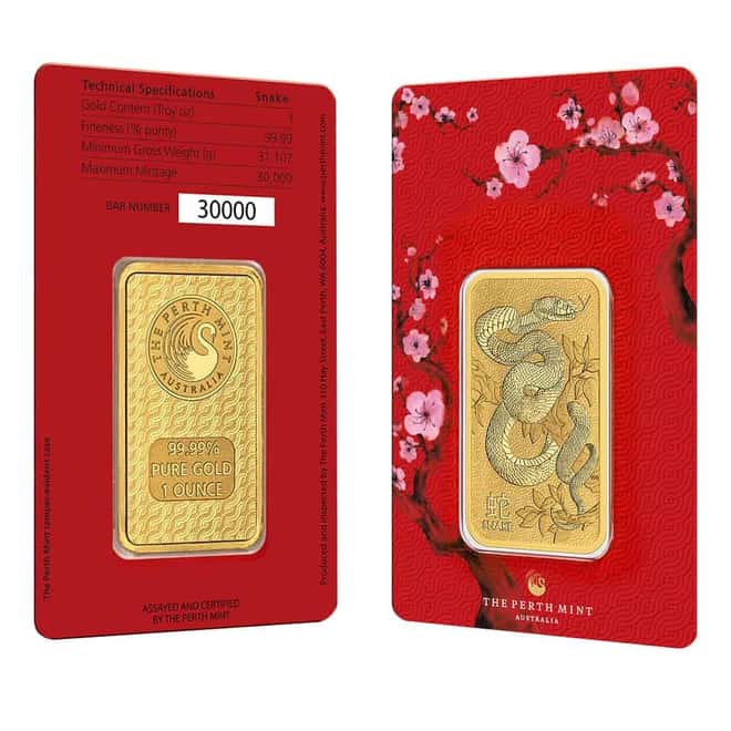 1 oz Perth Mint Lunar Snake Gold Bar .9999 Fine (in Assay)
