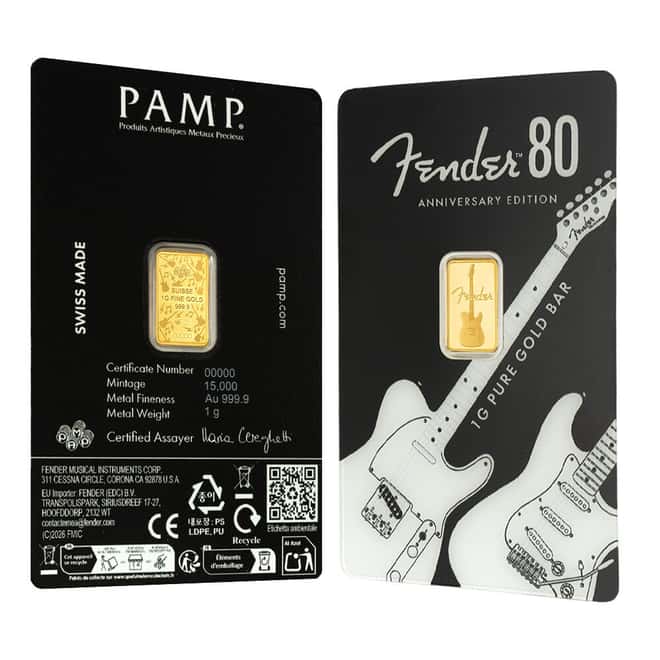 1 Gram PAMP Suisse Fender® 80th Ann. Gold Bar .9999 (in Assay)