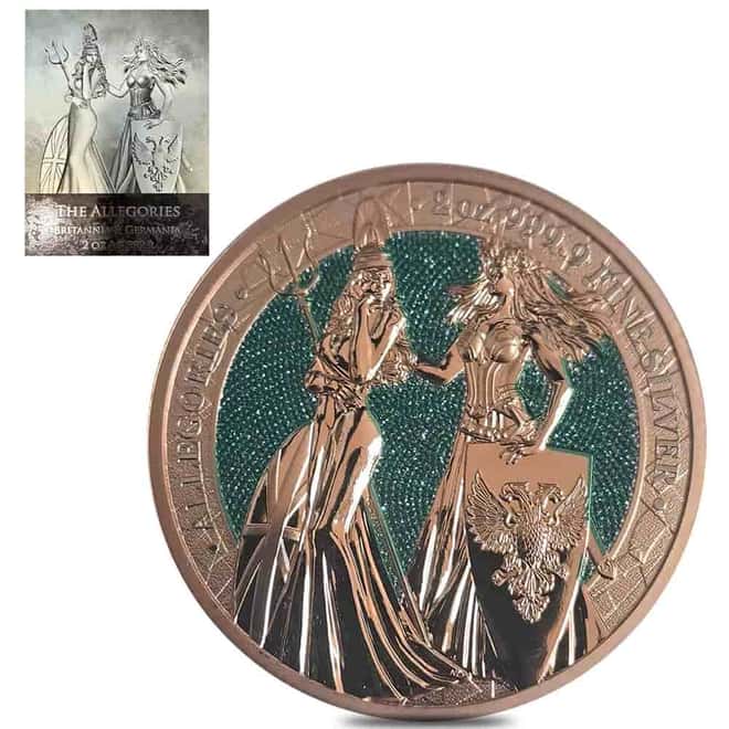 2019 2 oz Britannia & Germania The Allegories 10 Marks Gilded Silver Coin