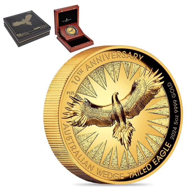 2024 5 oz Proof Gold Australian Wedge Tailed Eagle Perth Mint High Relief Coin (w/Box & COA)