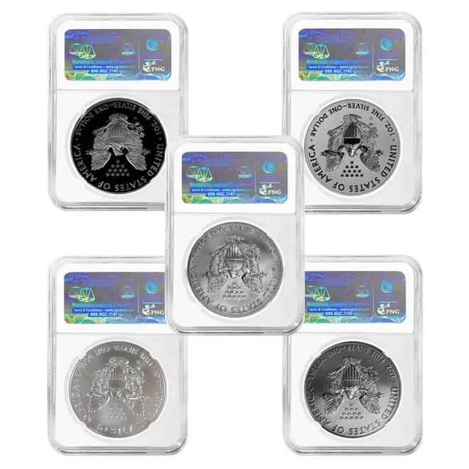2011 1 oz Silver American Eagle 5-Coin Set NGC MS 70 / PF 70 Early Releases (25th Anniversary)