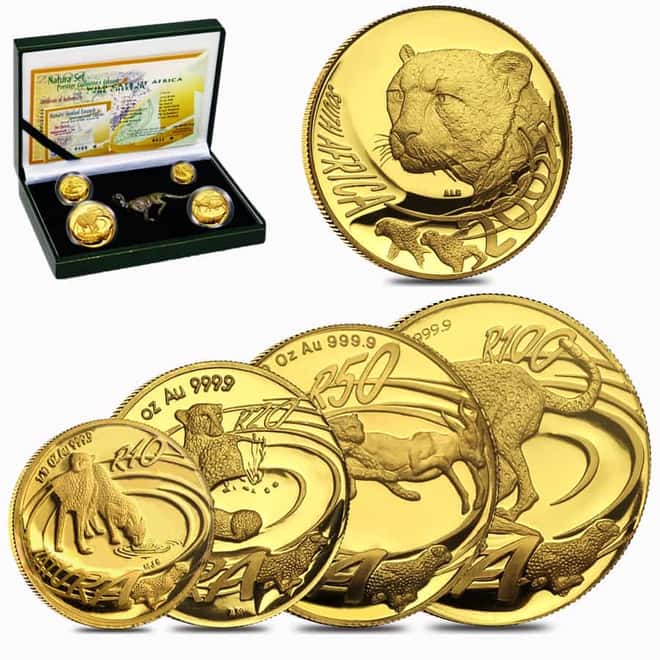 2002 1.85 oz Proof Gold South Africa Natura Cheetah 4-Coin Set .9999 Fine (w/Box & COA, Silver Cheetah)
