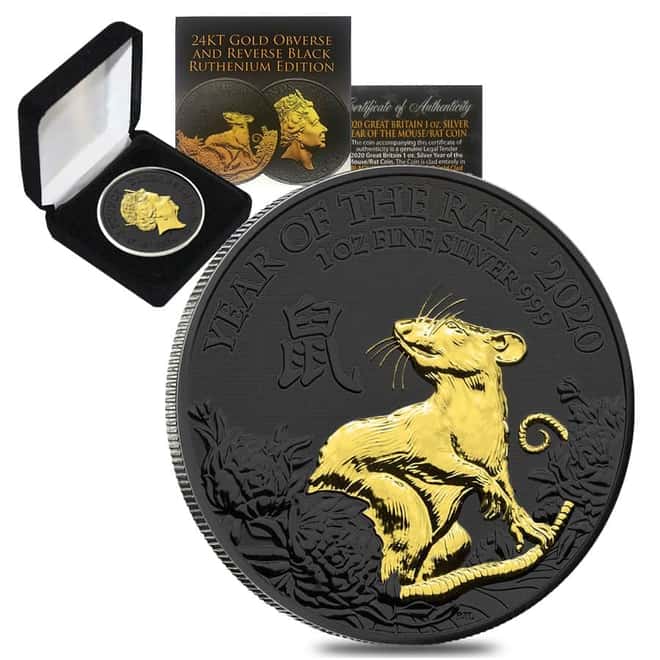 2020 Great Britain 1 oz Silver Year of the Mouse / Rat Coin .999 Fine Black Ruthenium 24K Gold Edition (w/Box & COA)