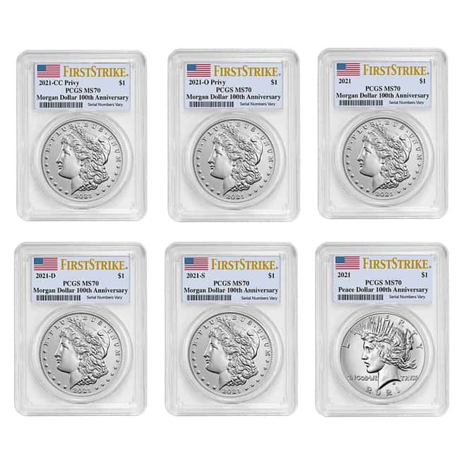 2021 Morgan / Peace Silver Dollar Centennial 6-Coin Set PCGS MS 70 FS