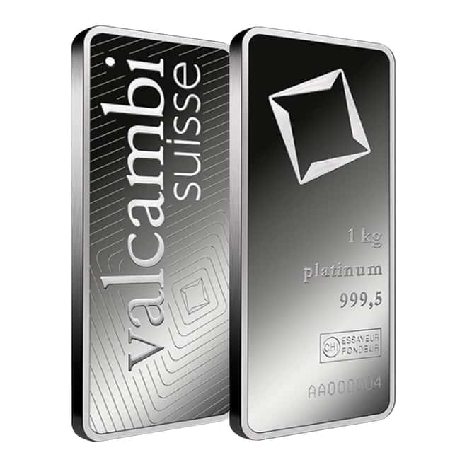 1 kilo Platinum Bar - Valcambi Suisse .9995 Fine (w/ Assay)