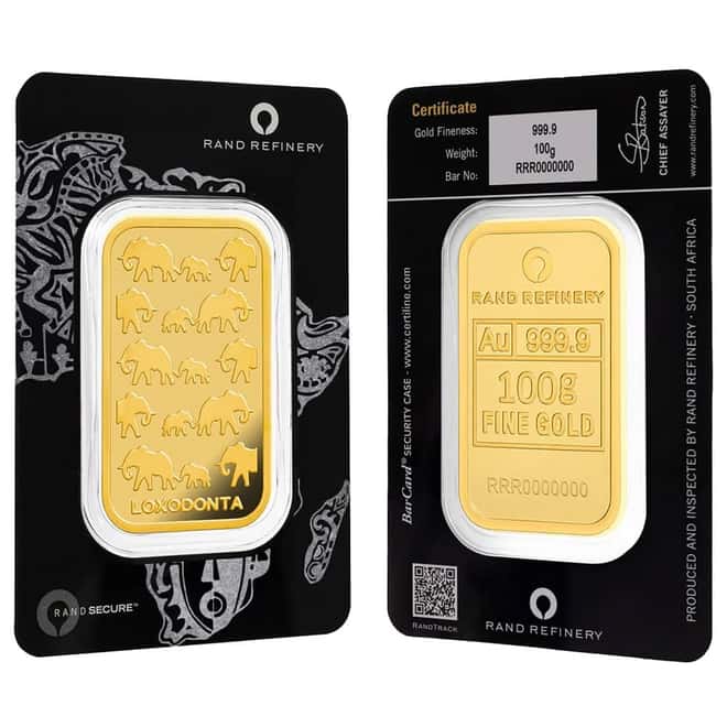 100 Gram Rand Refinery Gold Bar .9999 Fine (Africa Assay)