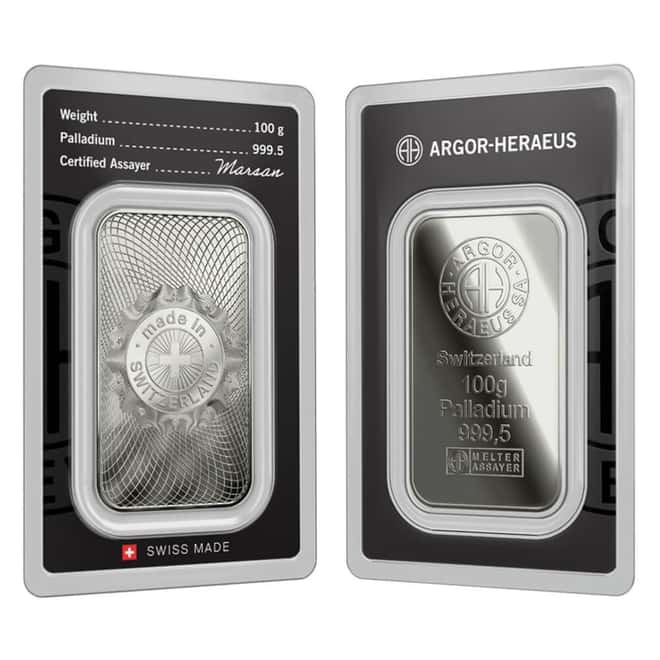 100 Gram Argor Heraeus Palladium Bar .9995 Fine (New Design in Assay)