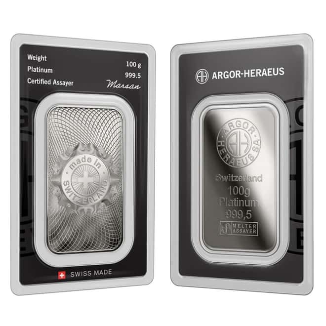 100 Gram Argor Heraeus Platinum Bar .9995 Fine (New Design in Assay)