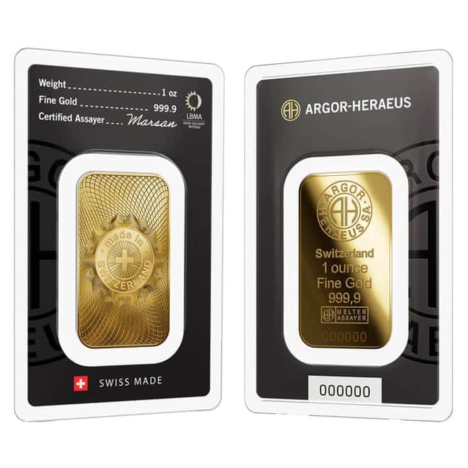 1 oz Argor Heraeus Gold Bar .9999 Fine (New Design in Assay)