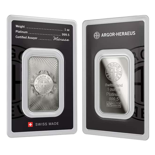 1 oz Argor Heraeus Platinum Bar .9995 Fine (New Design in Assay)