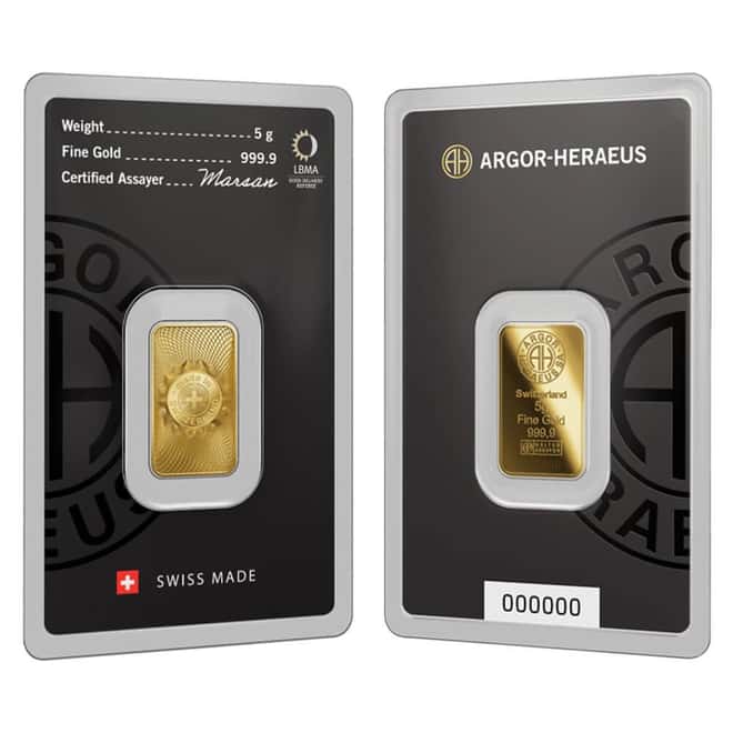 5 Gram Argor Heraeus Gold Bar .9999 Fine (New Design in Assay)