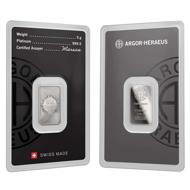 5 Gram Argor Heraeus Platinum Bar .9995 Fine (New Design in Assay)