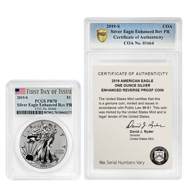 2019-S 1 oz Enhanced Reverse Proof Silver American Eagle PCGS PF 70 FDOI COA #01664