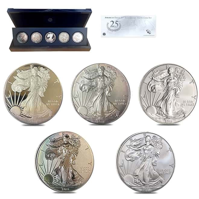 2011 1 oz Silver American Eagle 25th Anniversary 5-Coin Set (w/Box & COA)