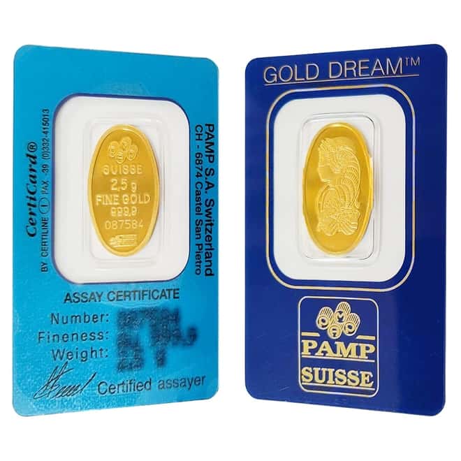 Vintage Assay - 2.5 gram Gold PAMP Suisse Lady Fortuna Oval Bar .9999 Fine