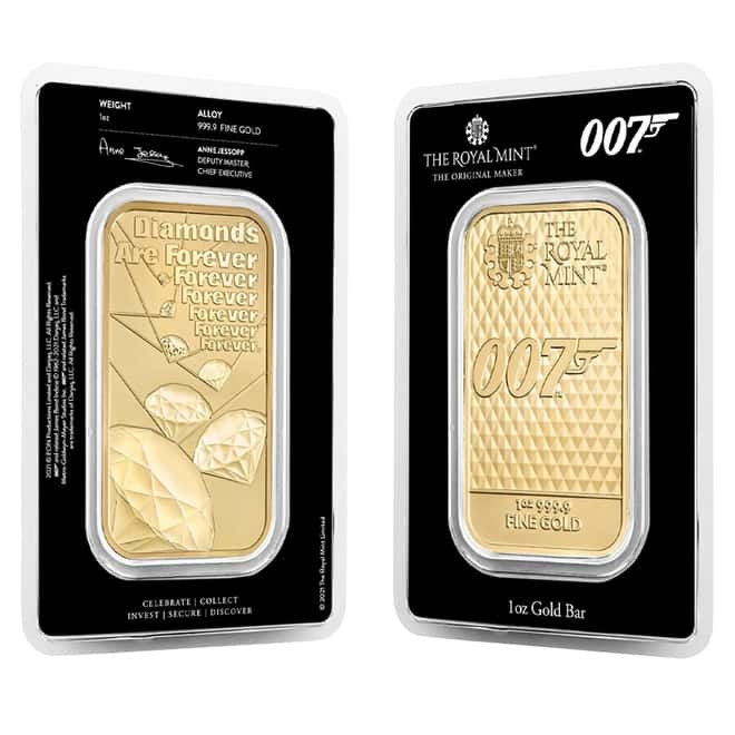1 oz Great Britain James Bond 007 Diamonds Are Forever Gold Bar .9999 Fine (In Assay)