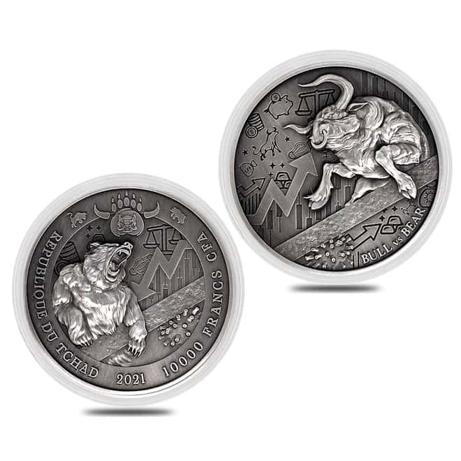 2021 Chad 2 oz Silver Bull vs Bear Pandemic Antiqued High Relief Coin (In Cap, Sealed)