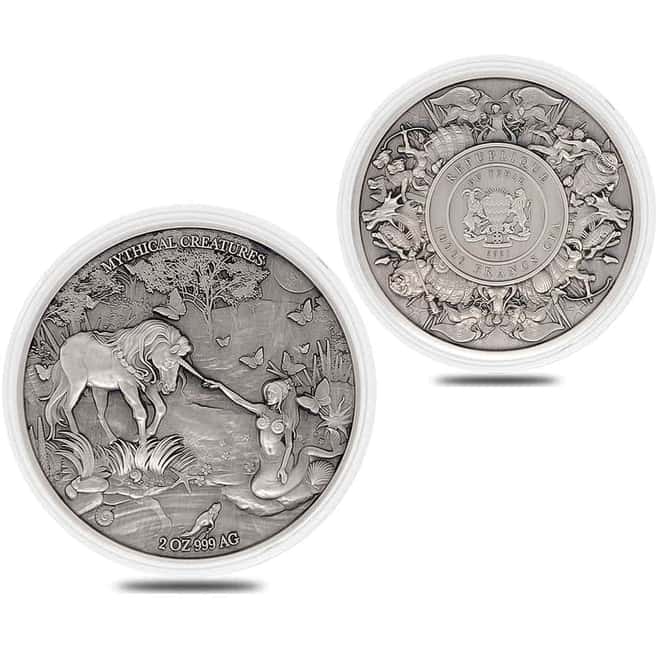 2021 Chad 2 oz Silver Mermaid & Unicorn - Mythical Creatures Series Antiqued High Relief Coin (In Cap, Sealed)