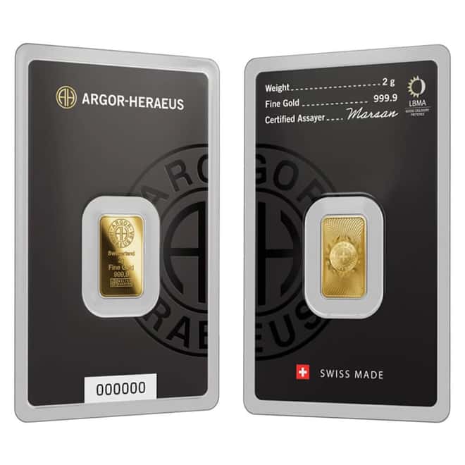 2 Gram Argor Heraeus Gold Bar .9999 Fine (New Design in Assay)
