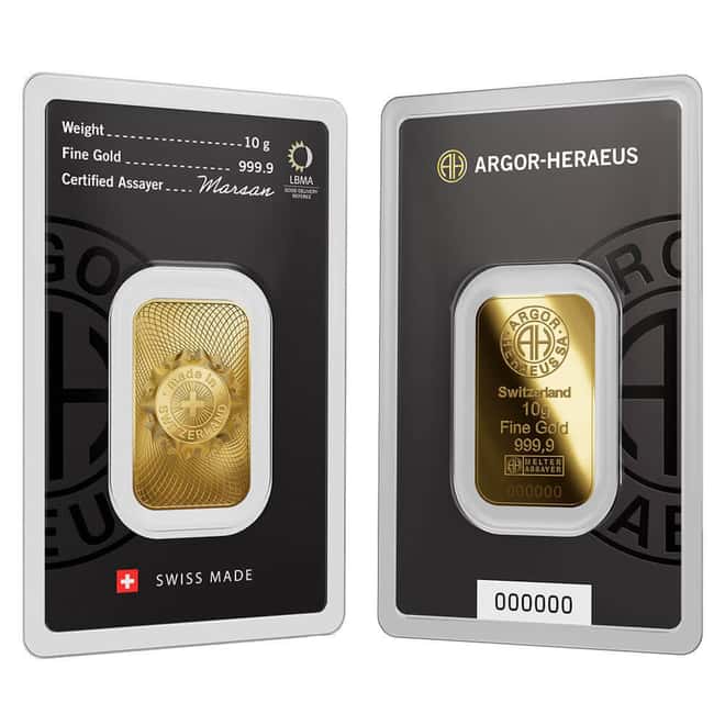 10 Gram Argor Heraeus Gold Bar .9999 Fine (New Design in Assay)