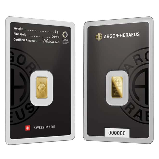 1 Gram Argor Heraeus Gold Bar .9999 Fine (New Design in Assay)