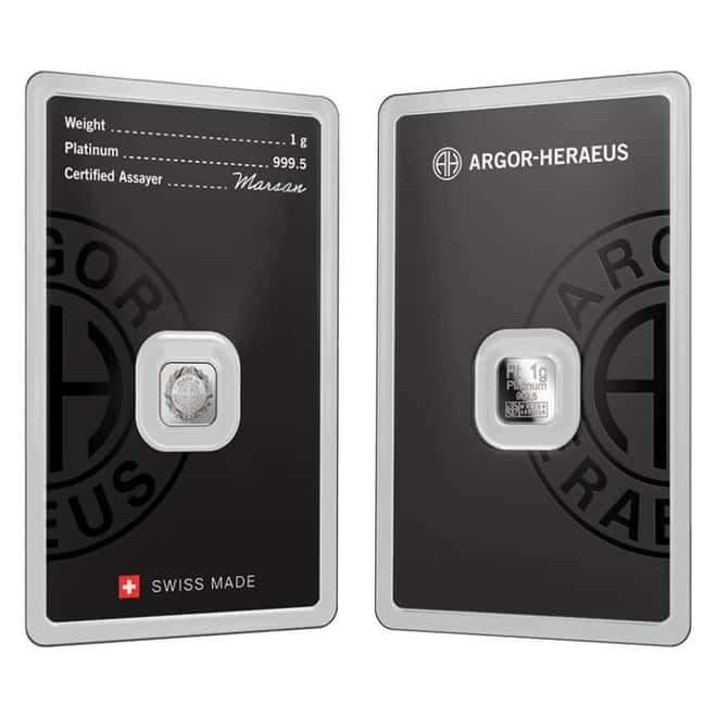 1 Gram Argor Heraeus Platinum Bar .9995 Fine (New Design in Assay)