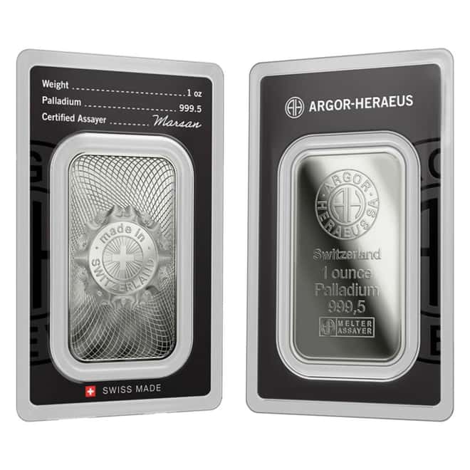 1 oz Argor Heraeus Palladium Bar .9995 Fine (New Design in Assay)